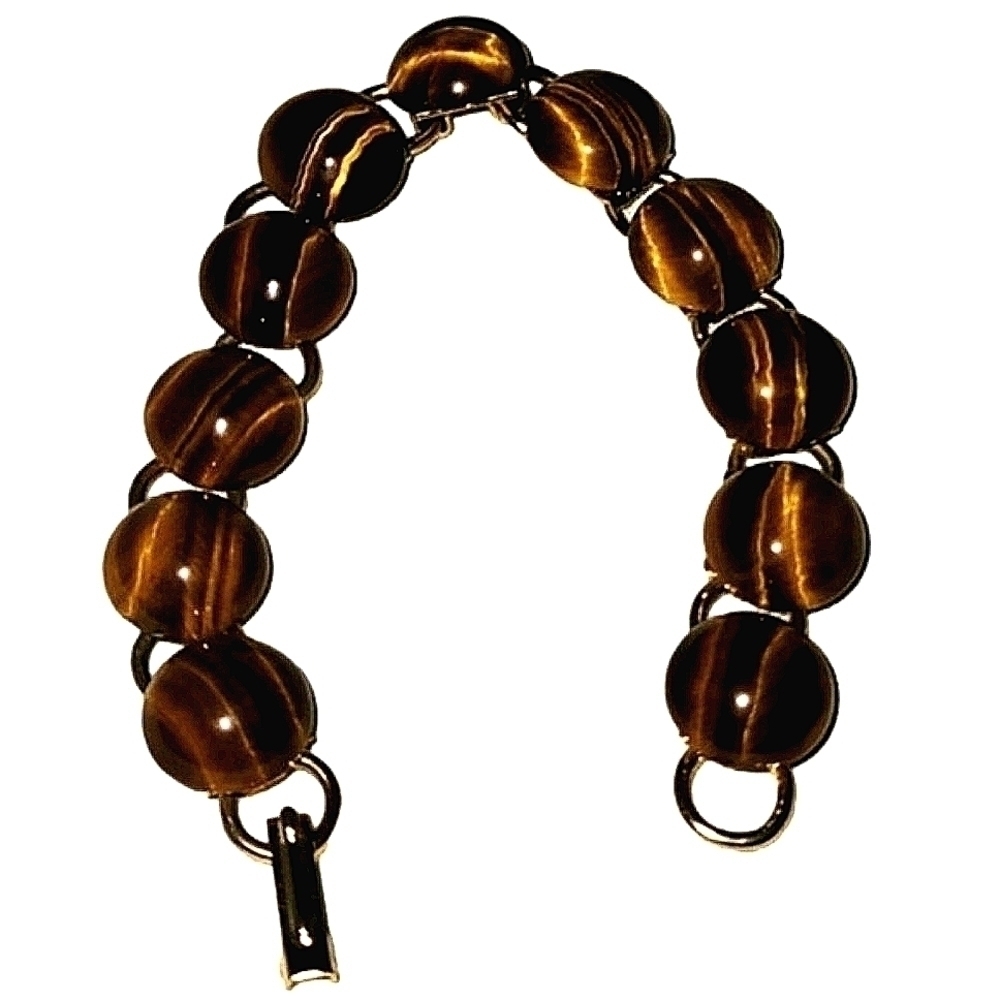 Vintage Tiger Eye Stone Bracelet, 7.5" 1970s Cabachon cut fold over snap closure